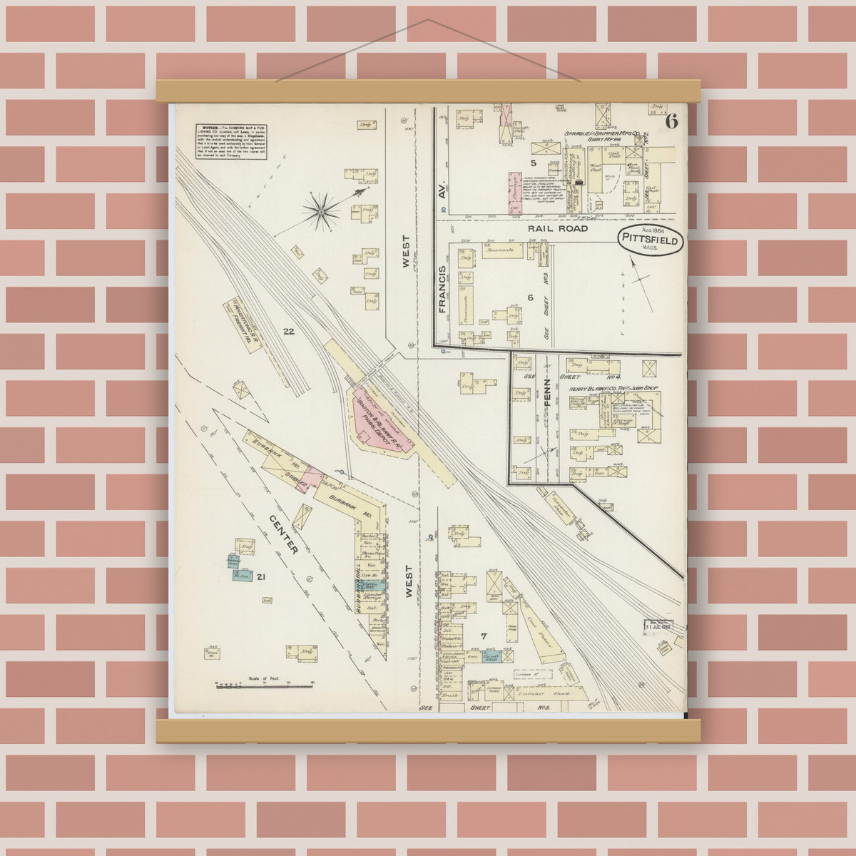 Old map wall art mockup — magnetic wood frame on brick wall — Sanborn Fire Insurance Map from Pittsfield, Berkshire County, Massachusetts (1884), Sheet #0006
