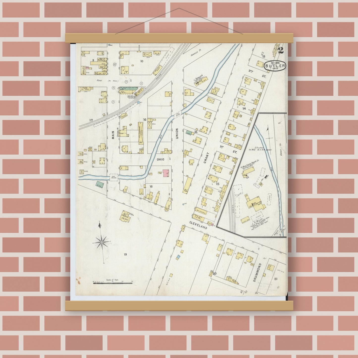 Old map wall art mockup — magnetic wood frame on brick wall — Sanborn Fire Insurance Map from Butler, Richland County, Ohio (1885), Sheet #0002