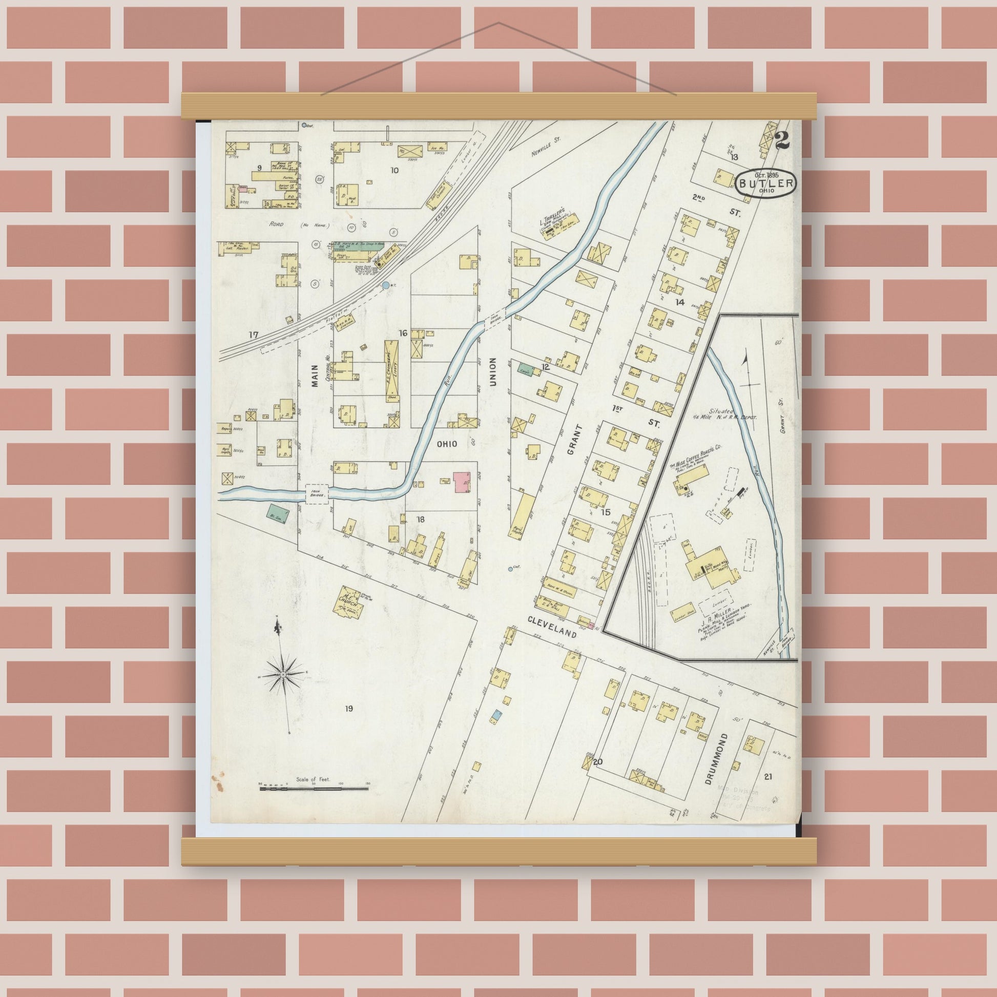 Old map wall art mockup — magnetic wood frame on brick wall — Sanborn Fire Insurance Map from Butler, Richland County, Ohio (1885), Sheet #0002