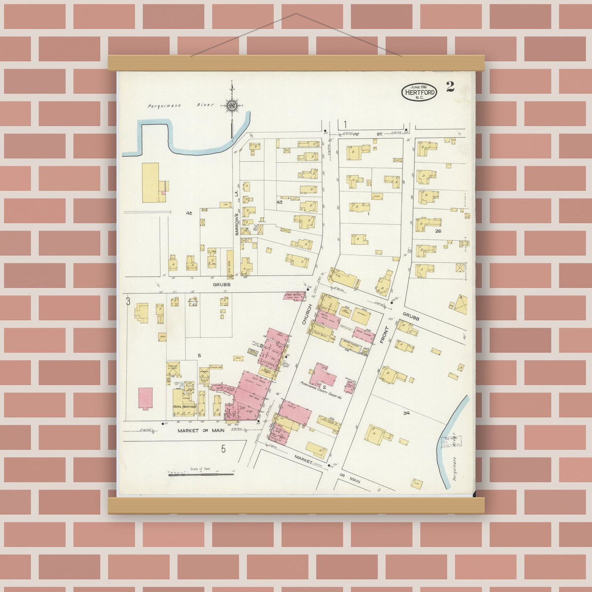 Old map wall art mockup — magnetic wood frame on brick wall — Sanborn Fire Insurance Map from Hertford, Perquimans County, North Carolina (1916), Sheet #0002