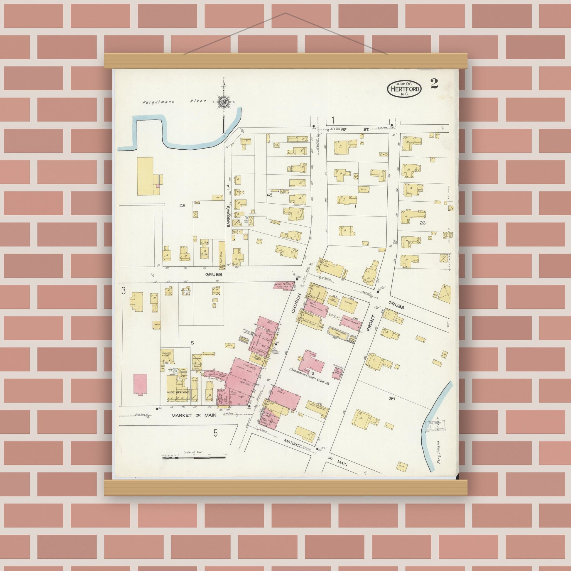 Old map wall art mockup — magnetic wood frame on brick wall — Sanborn Fire Insurance Map from Hertford, Perquimans County, North Carolina (1916), Sheet #0002