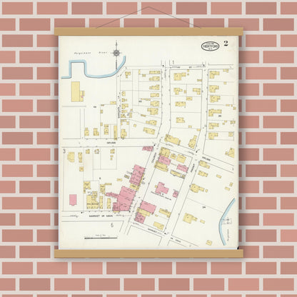 Old map wall art mockup — magnetic wood frame on brick wall — Sanborn Fire Insurance Map from Hertford, Perquimans County, North Carolina (1916), Sheet #0002