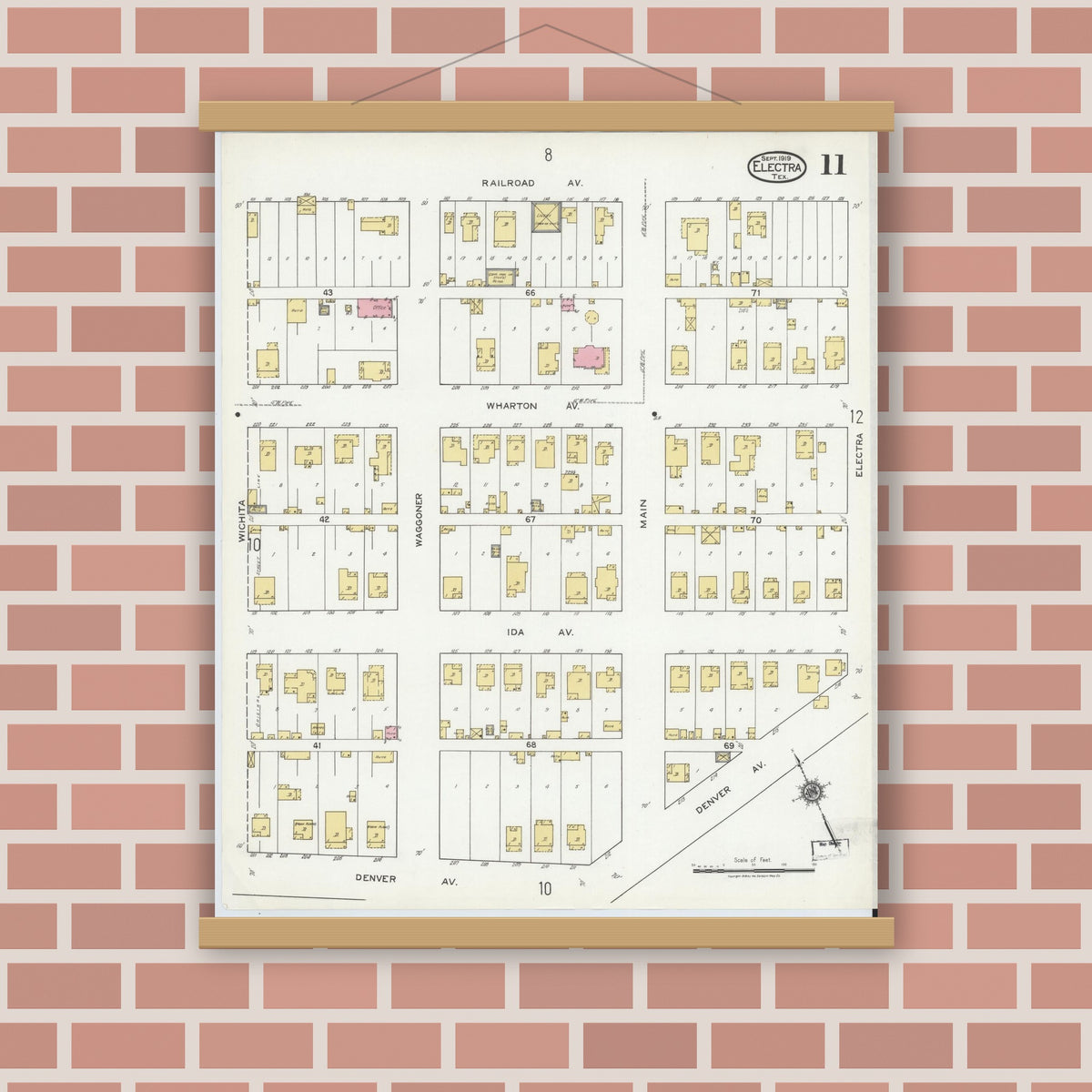 Old map wall art mockup — magnetic wood frame on brick wall — Sanborn Fire Insurance Map from Electra, Wichita County, Texas (1919), Sheet #0011