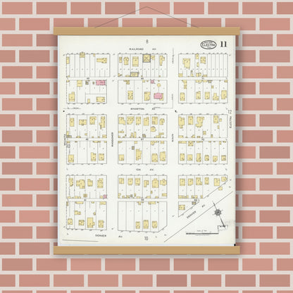 Old map wall art mockup — magnetic wood frame on brick wall — Sanborn Fire Insurance Map from Electra, Wichita County, Texas (1919), Sheet #0011