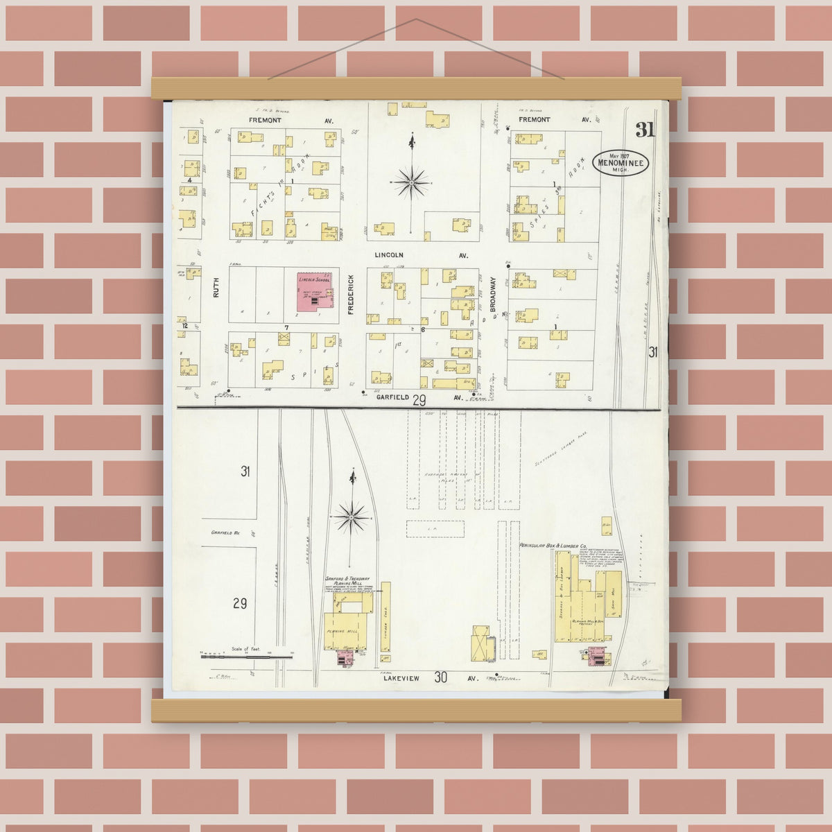 Old map wall art mockup — magnetic wood frame on brick wall — Sanborn Fire Insurance Map from Menominee, Menominee County, Michigan (1907), Sheet #0031