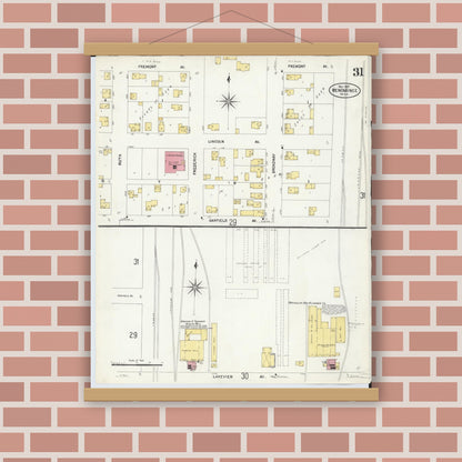 Old map wall art mockup — magnetic wood frame on brick wall — Sanborn Fire Insurance Map from Menominee, Menominee County, Michigan (1907), Sheet #0031