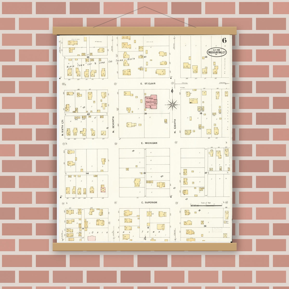Old map wall art mockup — magnetic wood frame on brick wall — Sanborn Fire Insurance Map from Missouri Valley, Harrison County, Iowa (1908), Sheet #0006
