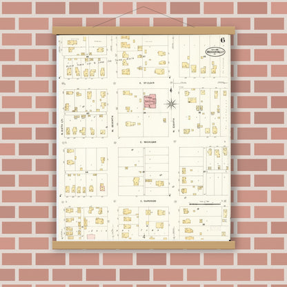 Old map wall art mockup — magnetic wood frame on brick wall — Sanborn Fire Insurance Map from Missouri Valley, Harrison County, Iowa (1908), Sheet #0006