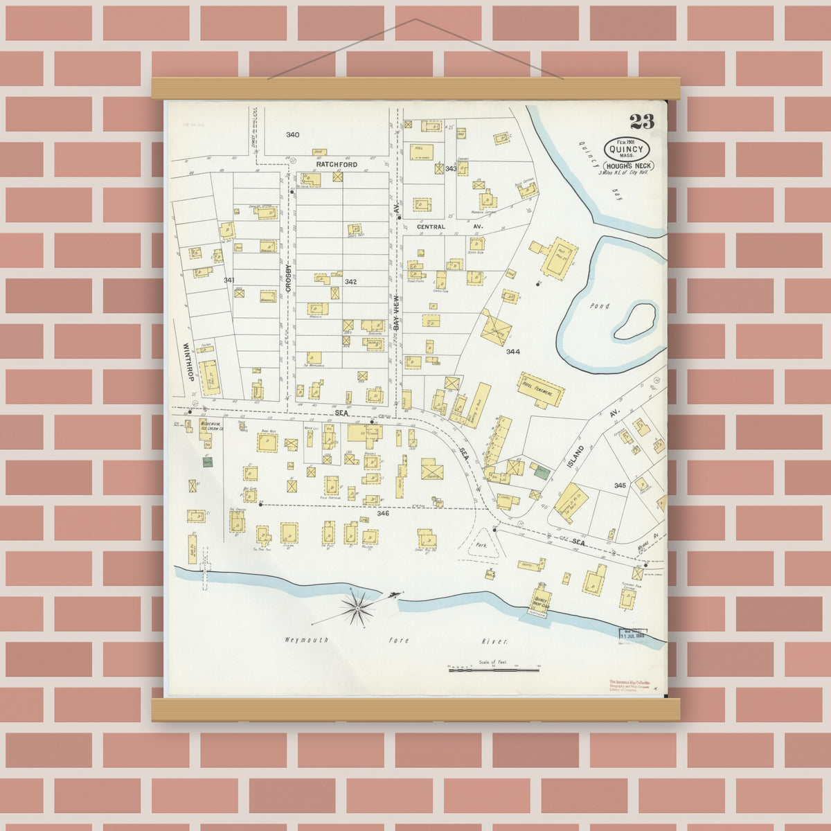 Old map wall art mockup — magnetic wood frame on brick wall — Sanborn Fire Insurance Map from Quincy, Norfolk County, Massachusetts (1901), Sheet #0023