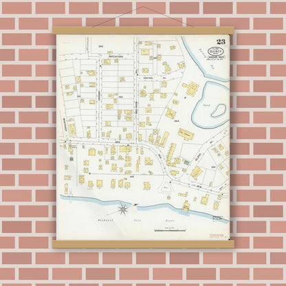Old map wall art mockup — magnetic wood frame on brick wall — Sanborn Fire Insurance Map from Quincy, Norfolk County, Massachusetts (1901), Sheet #0023