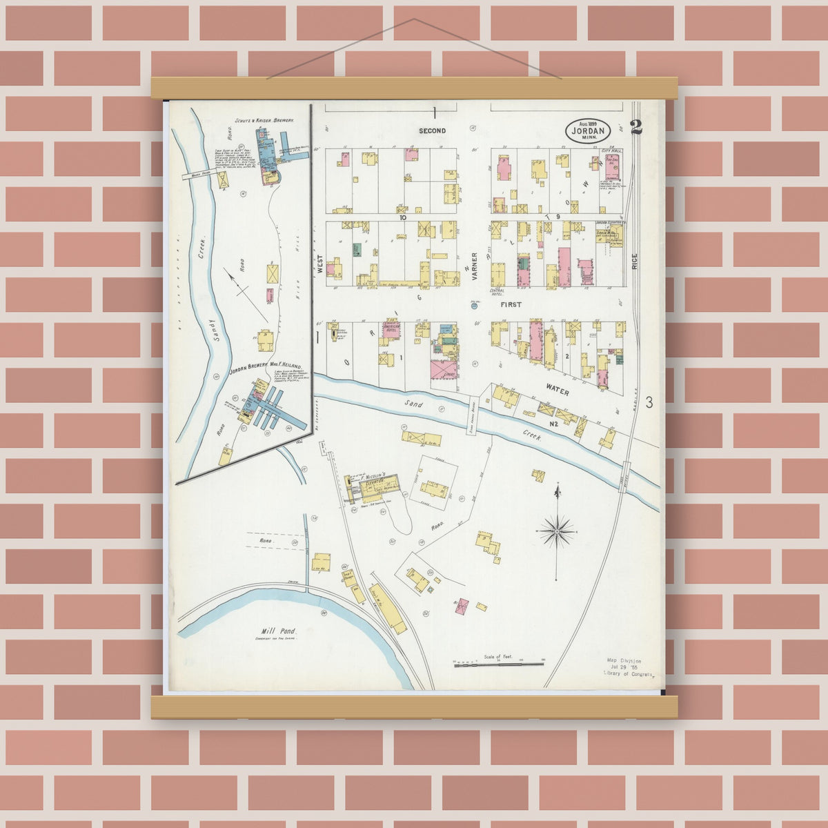 Old map wall art mockup — magnetic wood frame on brick wall — Sanborn Fire Insurance Map from Jordan, Scott County, Minnesota (1899), Sheet #0002