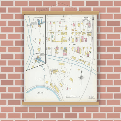 Old map wall art mockup — magnetic wood frame on brick wall — Sanborn Fire Insurance Map from Jordan, Scott County, Minnesota (1899), Sheet #0002