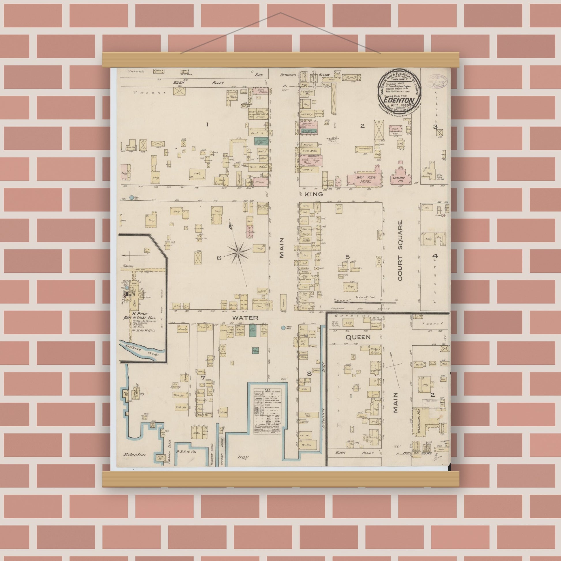 Old map wall art mockup — magnetic wood frame on brick wall — Sanborn Fire Insurance Map from Edenton, Chowan County, North Carolina (1885), Sheet #0001