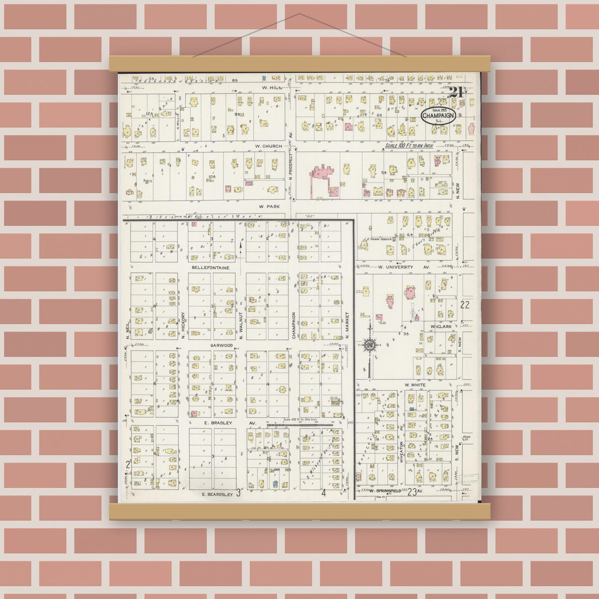 Old map wall art mockup — magnetic wood frame on brick wall — Sanborn Fire Insurance Map from Champaign, Champaign County, Illinois (1915), Sheet #0021