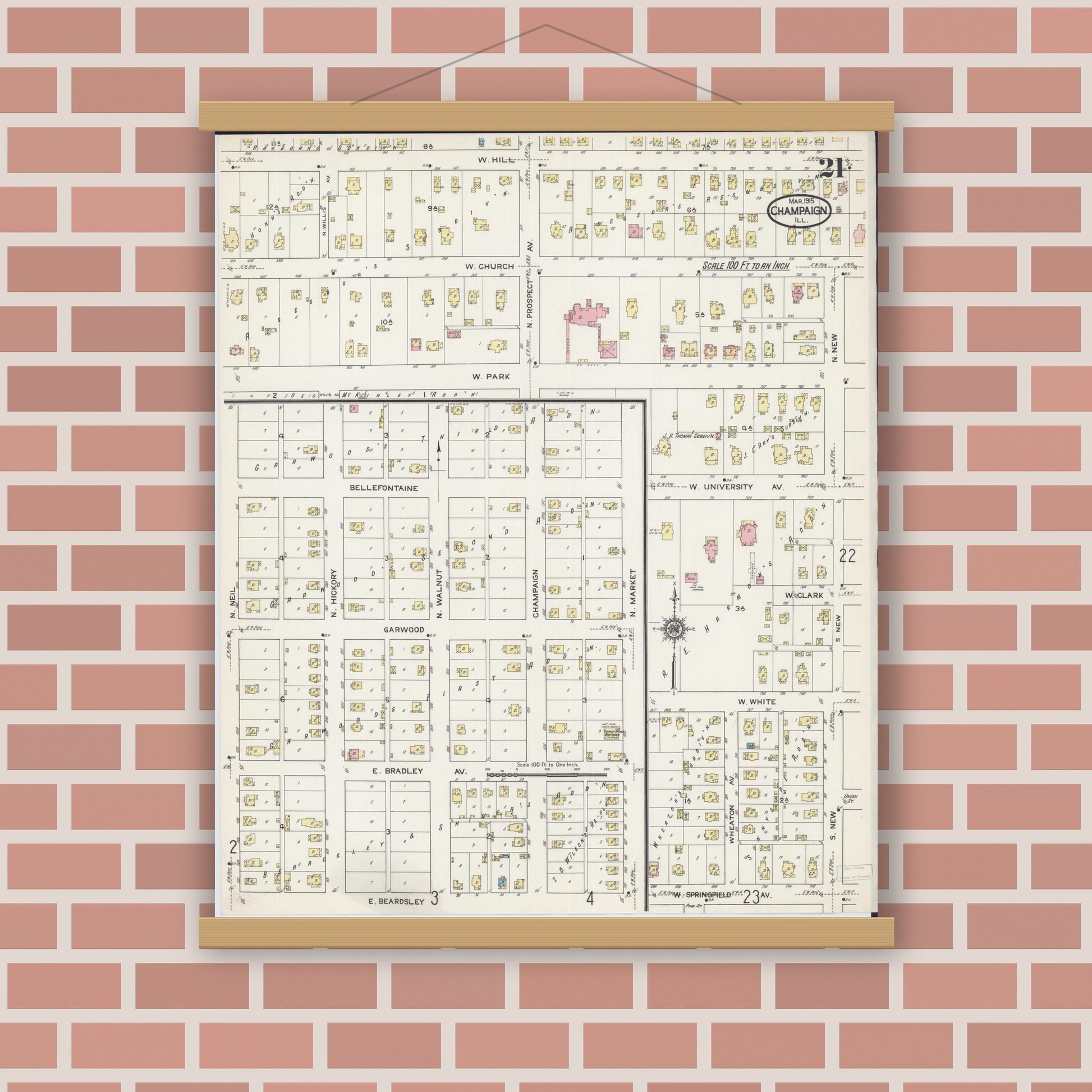 Old map wall art mockup — magnetic wood frame on brick wall — Sanborn Fire Insurance Map from Champaign, Champaign County, Illinois (1915), Sheet #0021