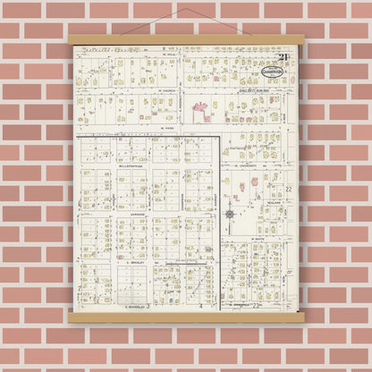 Old map wall art mockup — magnetic wood frame on brick wall — Sanborn Fire Insurance Map from Champaign, Champaign County, Illinois (1915), Sheet #0021