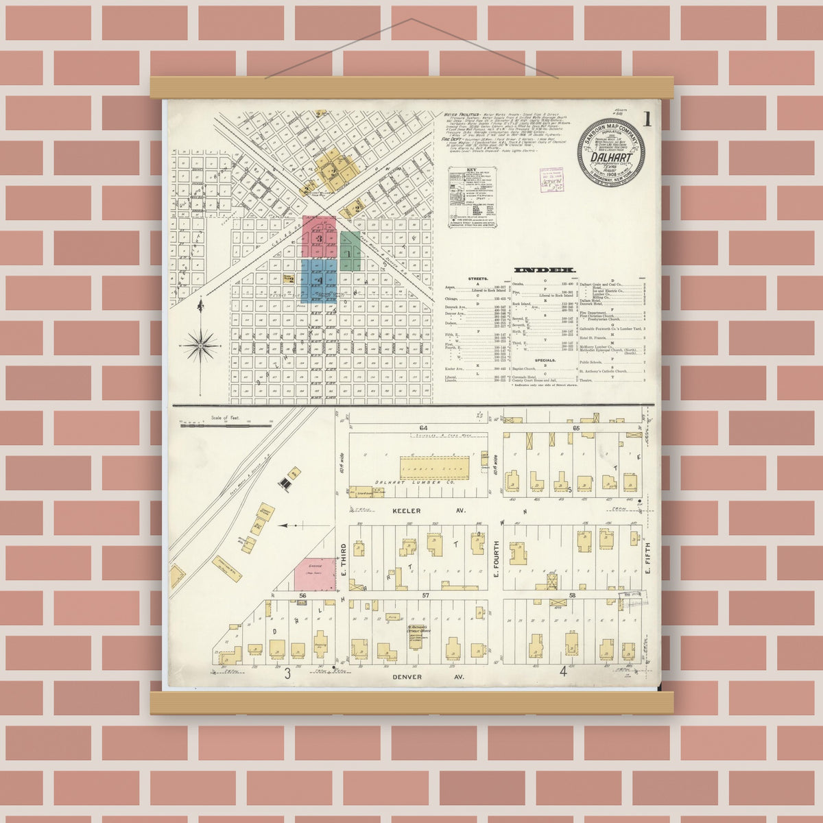 Old map wall art mockup — magnetic wood frame on brick wall — Sanborn Fire Insurance Map from Dalhart, Dallam And Hartley County, Texas (1908), Sheet #0001