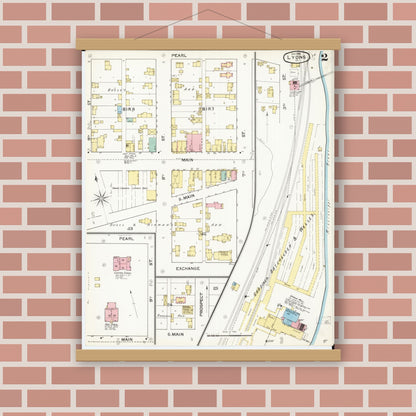 Old map wall art mockup — magnetic wood frame on brick wall — Sanborn Fire Insurance Map from Lyons, Clinton County, Iowa (1892), Sheet #0002