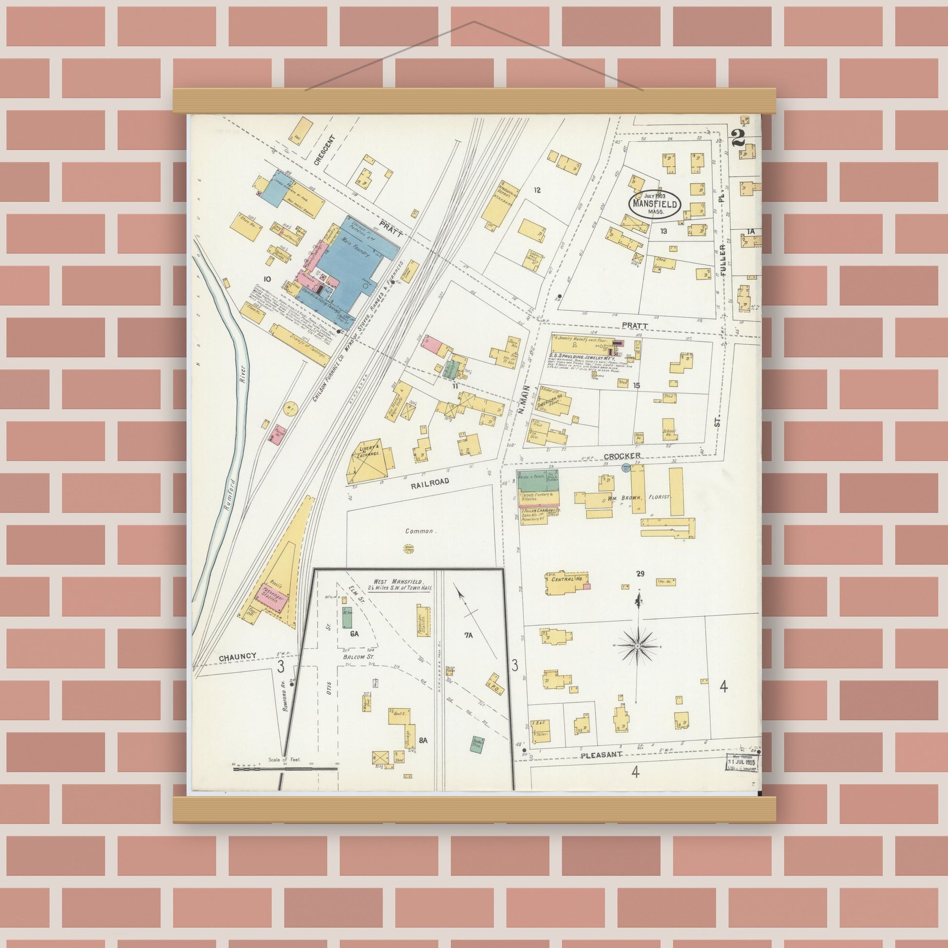 Old map wall art mockup — magnetic wood frame on brick wall — Sanborn Fire Insurance Map from Mansfield, Bristol County, Massachusetts (1903), Sheet #0002