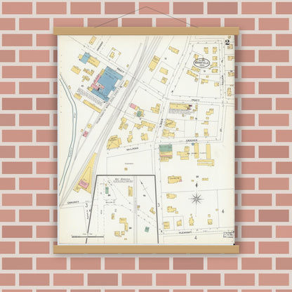 Old map wall art mockup — magnetic wood frame on brick wall — Sanborn Fire Insurance Map from Mansfield, Bristol County, Massachusetts (1903), Sheet #0002