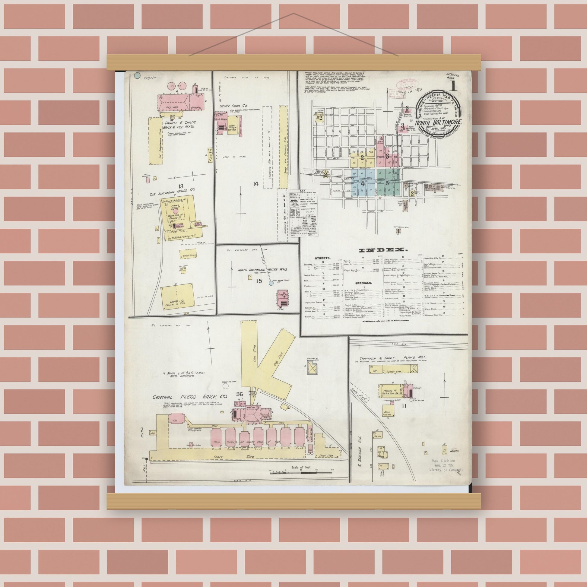 Old map wall art mockup — magnetic wood frame on brick wall — Sanborn Fire Insurance Map from North Baltimore, Wood County, Ohio (1893), Sheet #0001
