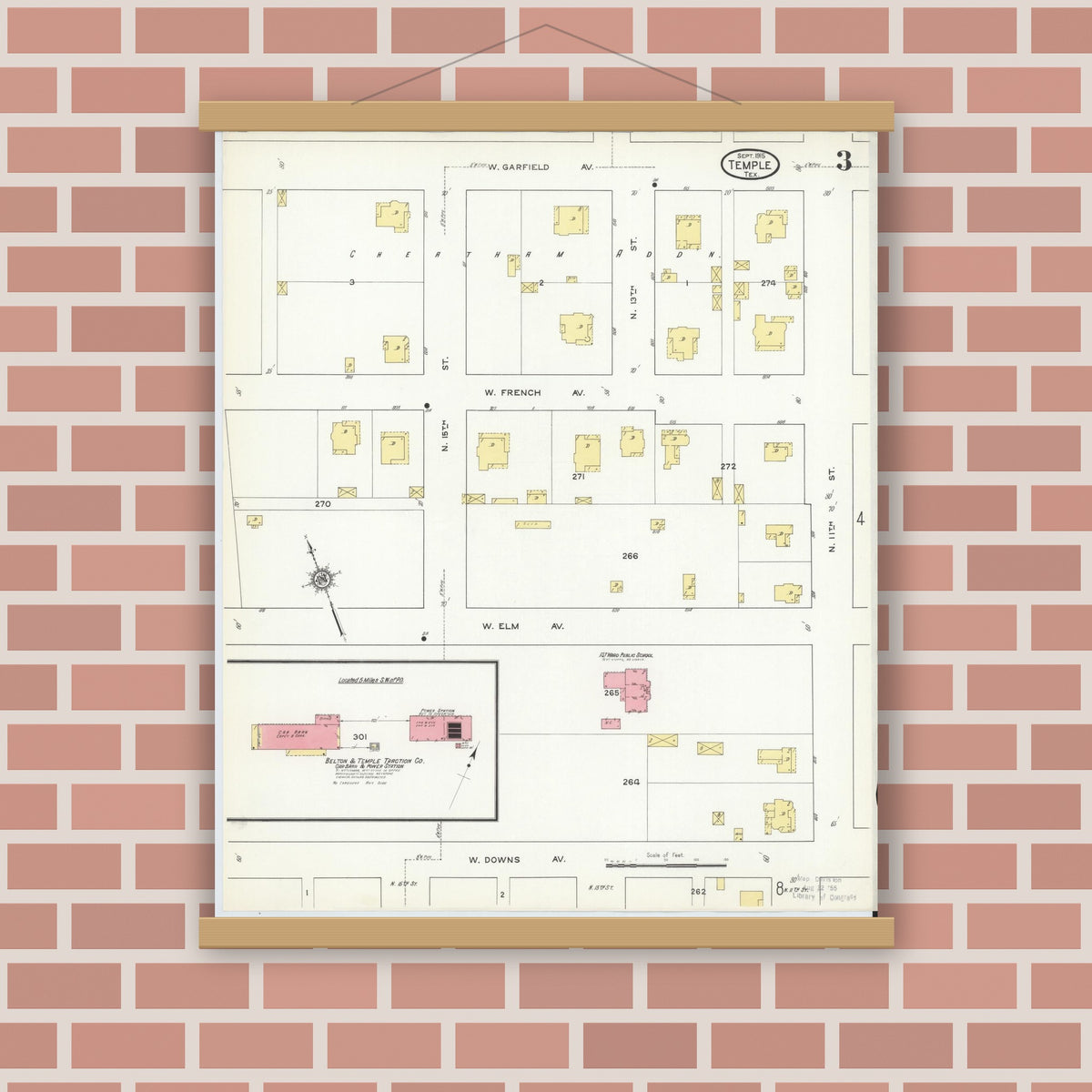 Old map wall art mockup — magnetic wood frame on brick wall — Sanborn Fire Insurance Map from Temple, Bell County, Texas (1915), Sheet #0003