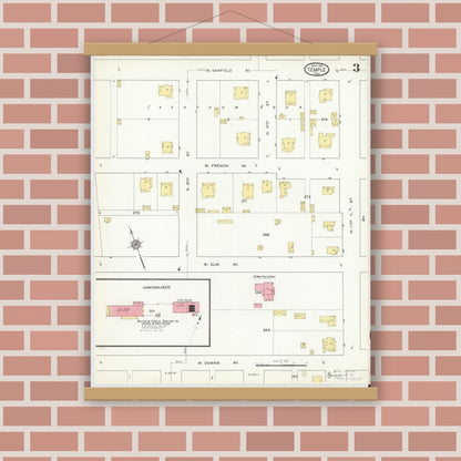 Old map wall art mockup — magnetic wood frame on brick wall — Sanborn Fire Insurance Map from Temple, Bell County, Texas (1915), Sheet #0003