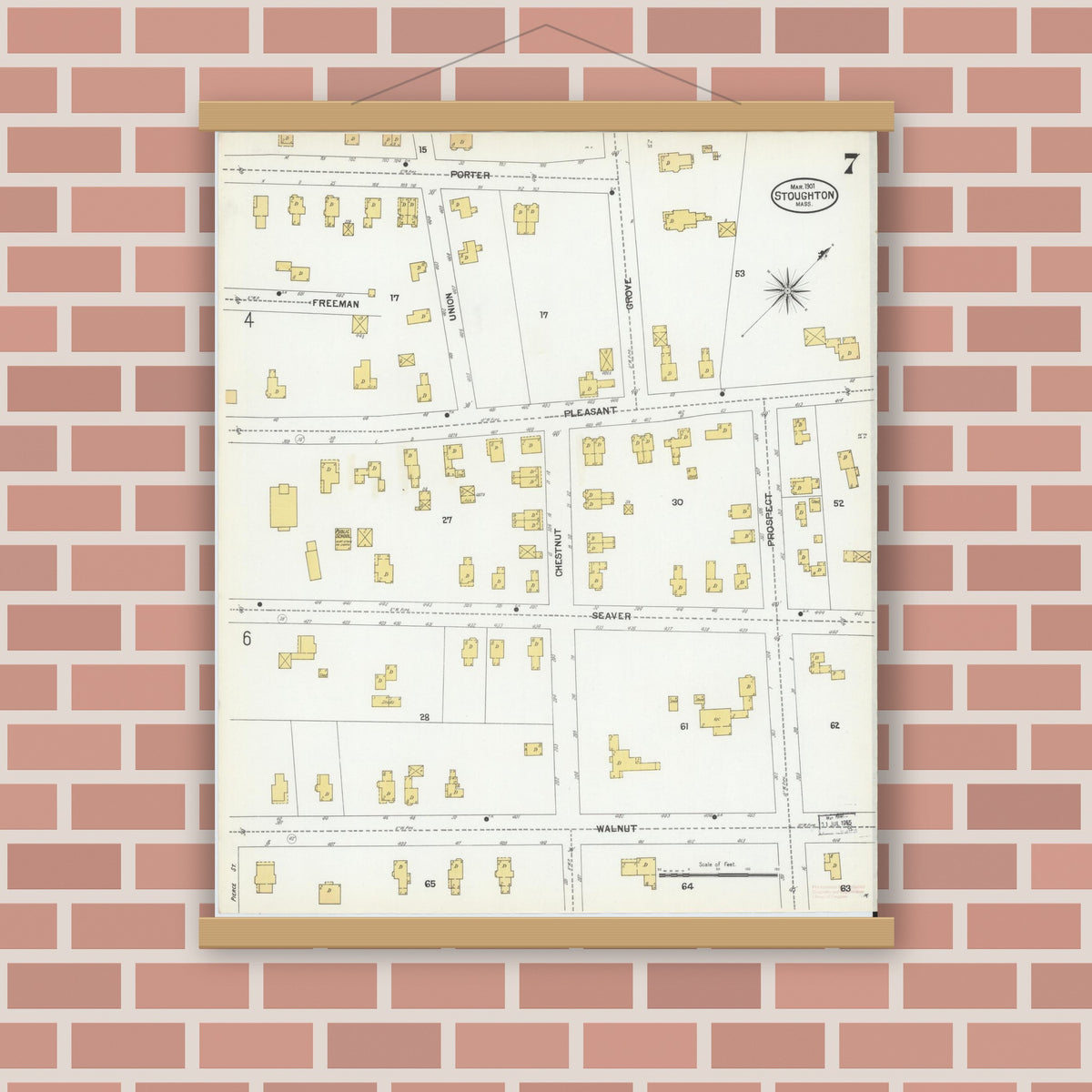 Old map wall art mockup — magnetic wood frame on brick wall — Sanborn Fire Insurance Map from Stoughton, Norfolk County, Massachusetts (1901), Sheet #0007