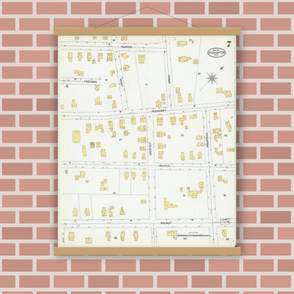 Old map wall art mockup — magnetic wood frame on brick wall — Sanborn Fire Insurance Map from Stoughton, Norfolk County, Massachusetts (1901), Sheet #0007