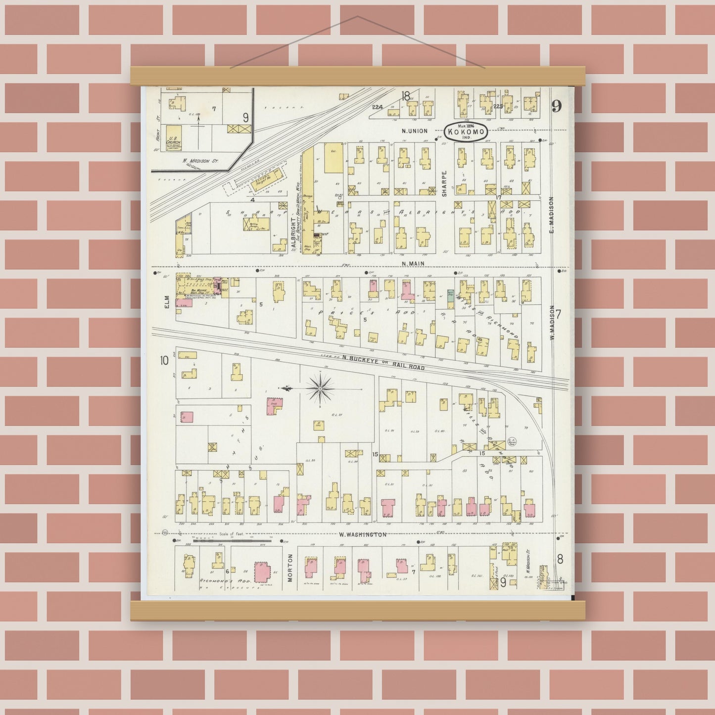 Old map wall art mockup — magnetic wood frame on brick wall — Sanborn Fire Insurance Map from Kokomo, Howard County, Indiana (1896), Sheet #0009