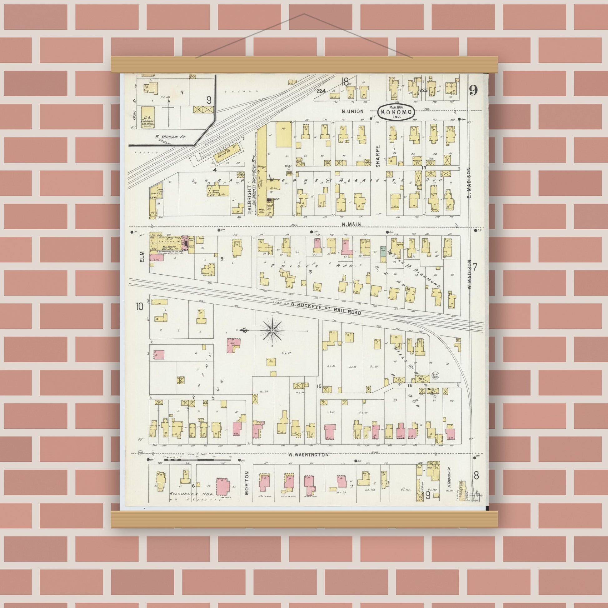 Old map wall art mockup — magnetic wood frame on brick wall — Sanborn Fire Insurance Map from Kokomo, Howard County, Indiana (1896), Sheet #0009