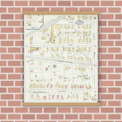 Old map wall art mockup — magnetic wood frame on brick wall — Sanborn Fire Insurance Map from Kokomo, Howard County, Indiana (1896), Sheet #0009