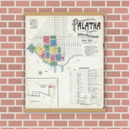 Old map wall art mockup — magnetic wood frame on brick wall — Sanborn Fire Insurance Map from Palatka, Putnam County, Florida (1903), Sheet #0001