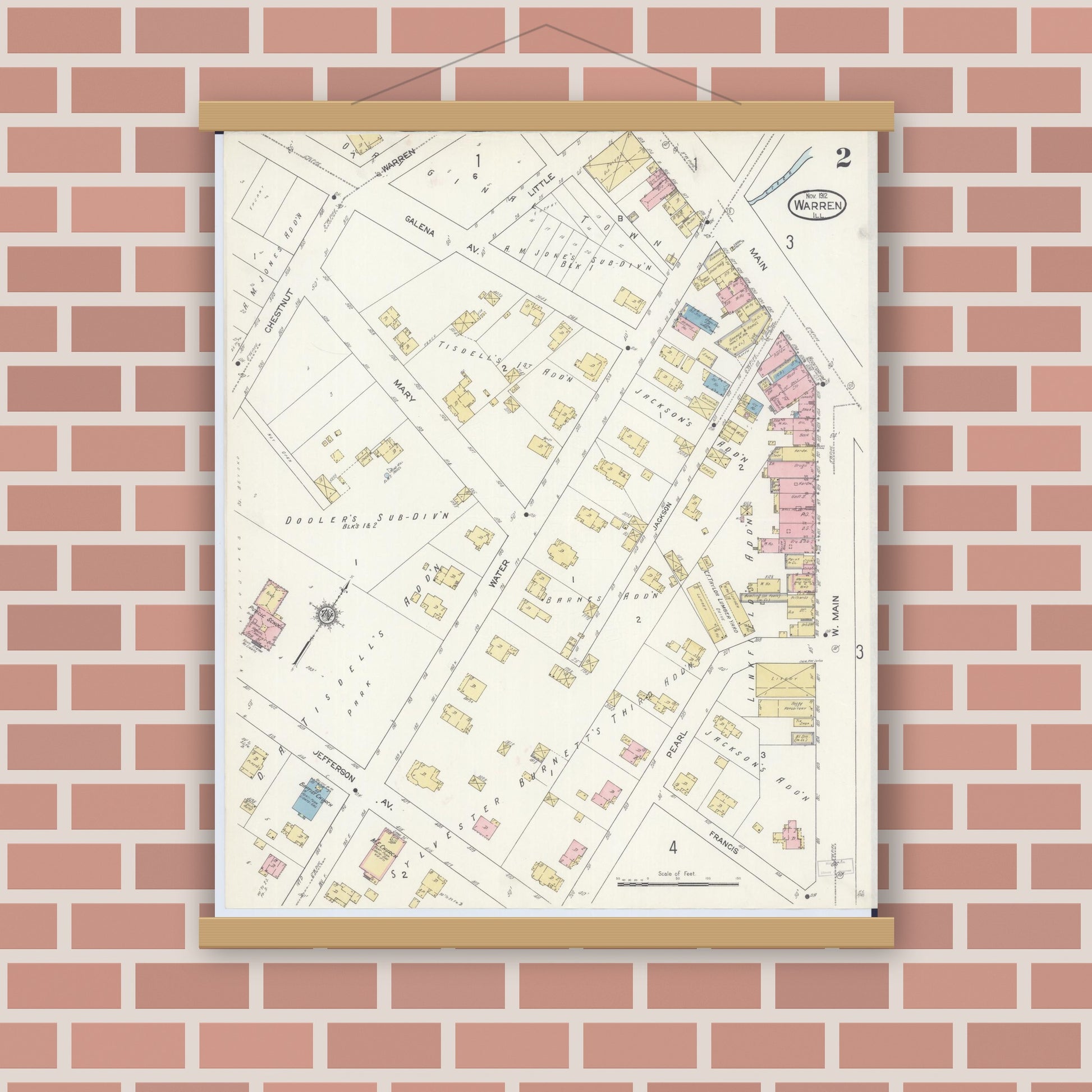 Old map wall art mockup — magnetic wood frame on brick wall — Sanborn Fire Insurance Map from Warren, Jo Daviess County, Illinois (1912), Sheet #0002