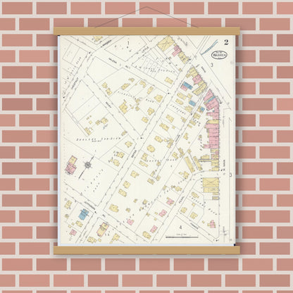 Old map wall art mockup — magnetic wood frame on brick wall — Sanborn Fire Insurance Map from Warren, Jo Daviess County, Illinois (1912), Sheet #0002