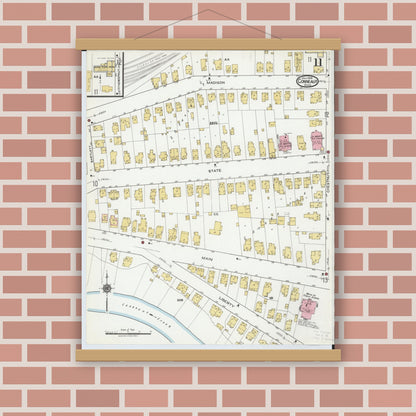 Old map wall art mockup — magnetic wood frame on brick wall — Sanborn Fire Insurance Map from Conneaut, Ashtabula County, Ohio (1919), Sheet #0011