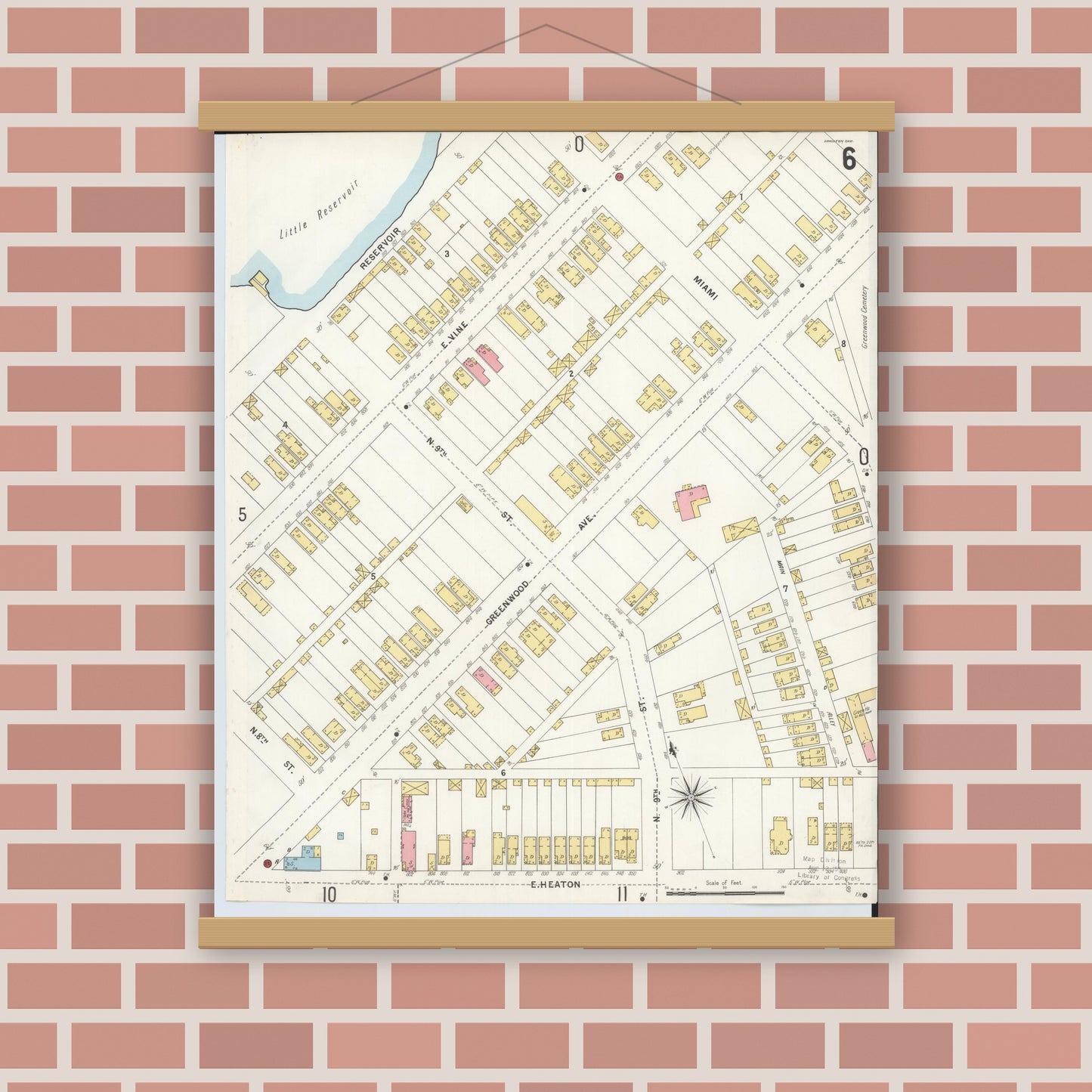 Old map wall art mockup — magnetic wood frame on brick wall — Sanborn Fire Insurance Map from Hamilton, Butler County, Ohio (1899), Sheet #0006