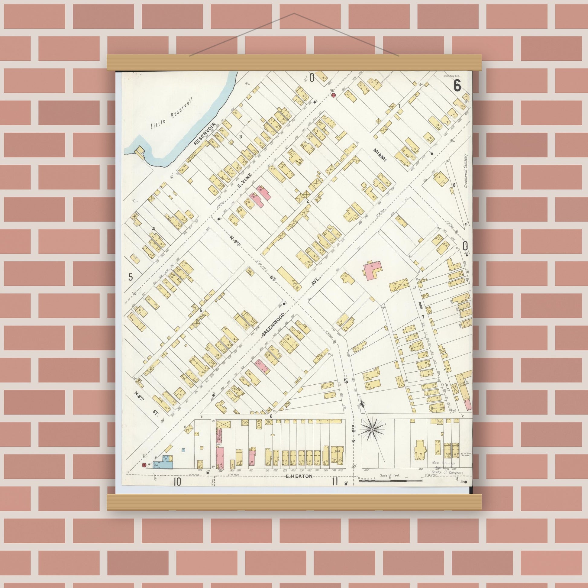Old map wall art mockup — magnetic wood frame on brick wall — Sanborn Fire Insurance Map from Hamilton, Butler County, Ohio (1899), Sheet #0006