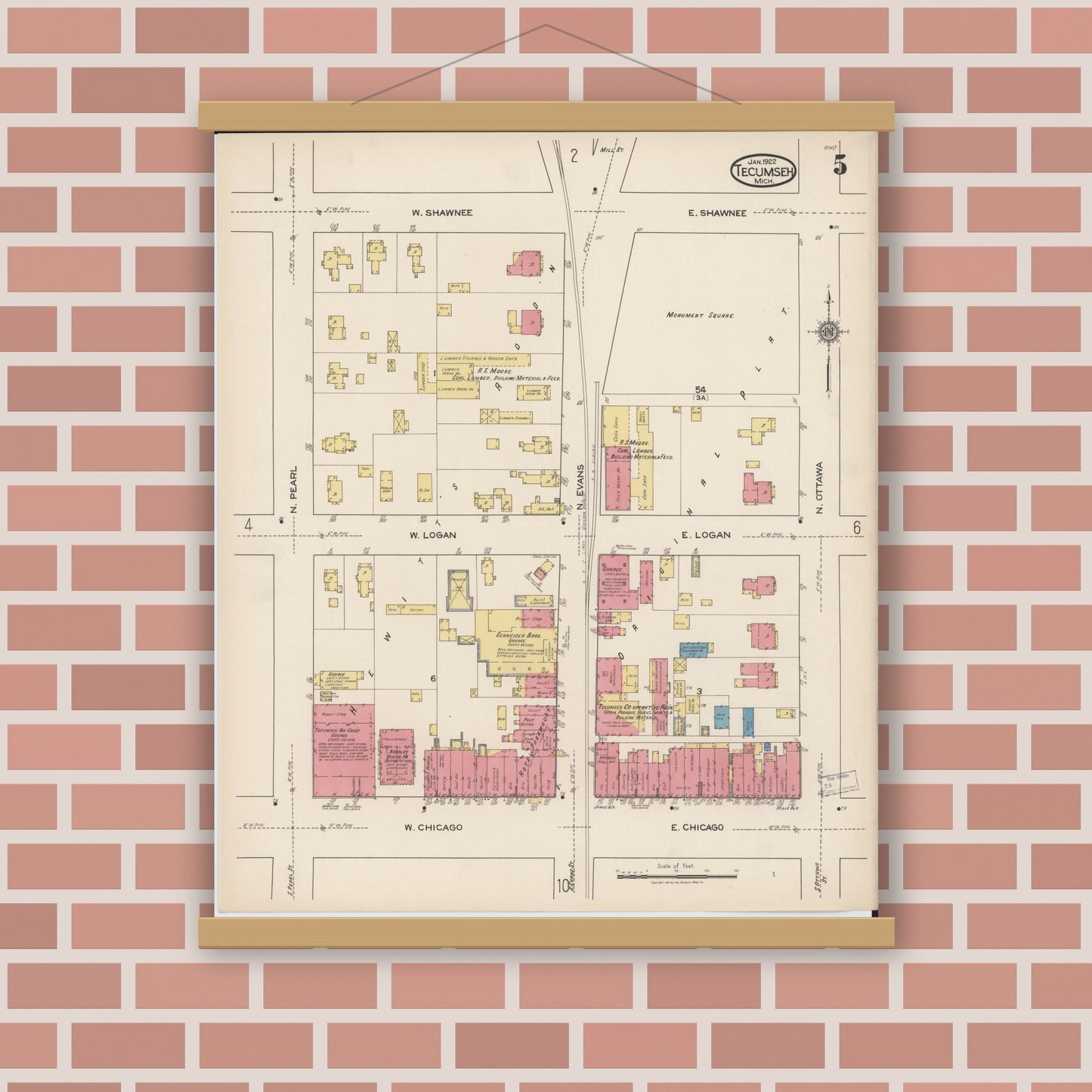 Old map wall art mockup — magnetic wood frame on brick wall — Sanborn Fire Insurance Map from Tecumseh, Lenawee County, Michigan (1922), Sheet #0005