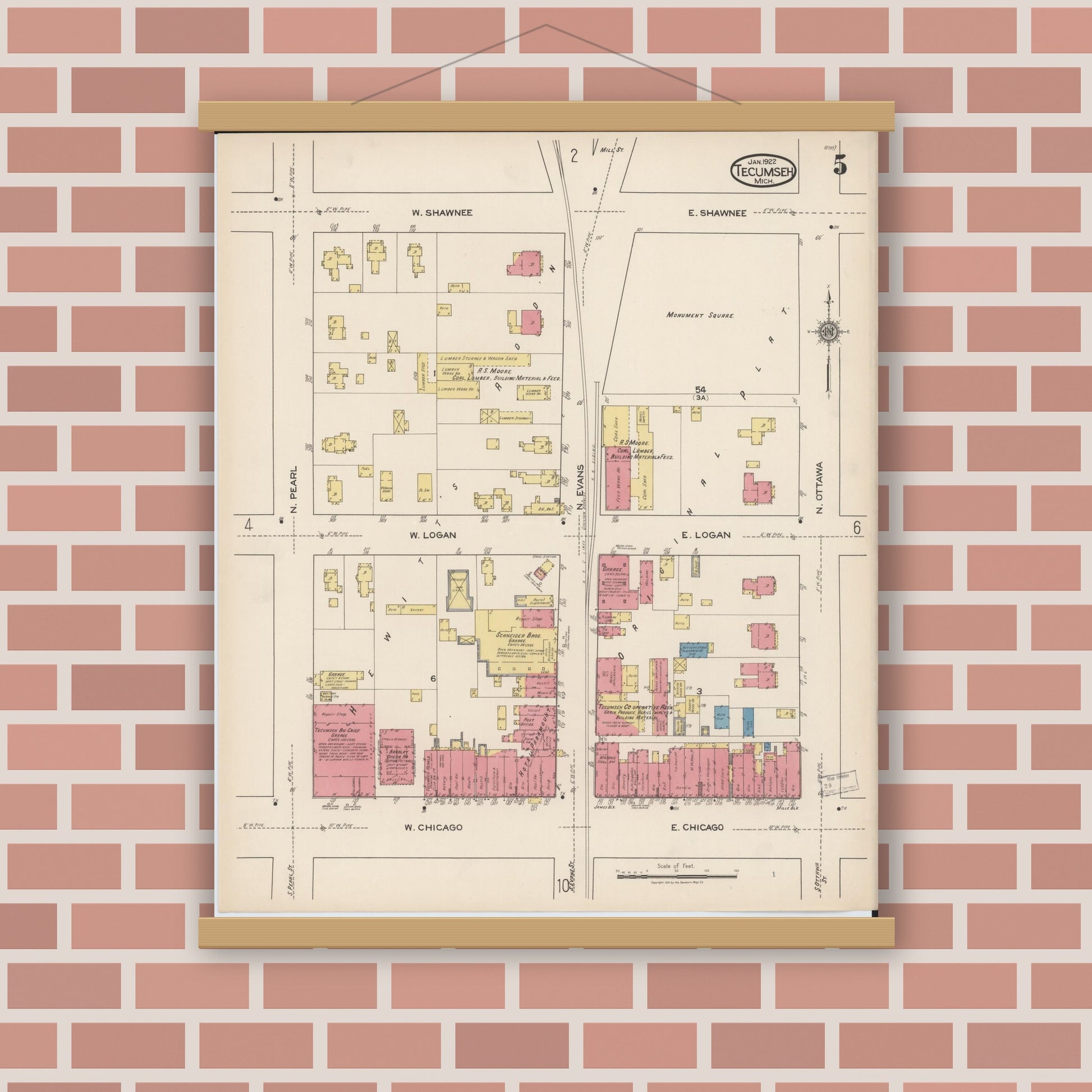 Old map wall art mockup — magnetic wood frame on brick wall — Sanborn Fire Insurance Map from Tecumseh, Lenawee County, Michigan (1922), Sheet #0005