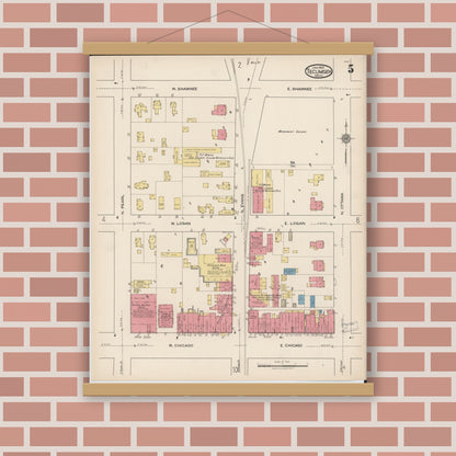 Old map wall art mockup — magnetic wood frame on brick wall — Sanborn Fire Insurance Map from Tecumseh, Lenawee County, Michigan (1922), Sheet #0005
