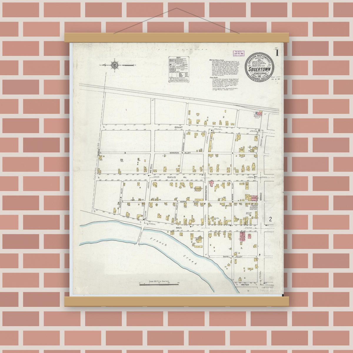 Old map wall art mockup — magnetic wood frame on brick wall — Sanborn Fire Insurance Map from Sagertown, Crawford County, Pennsylvania (1911) - Complete Map Set