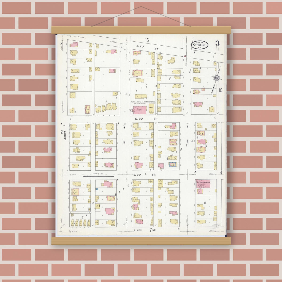 Old map wall art mockup — magnetic wood frame on brick wall — Sanborn Fire Insurance Map from Sterling, Whiteside County, Illinois (1916), Sheet #0003