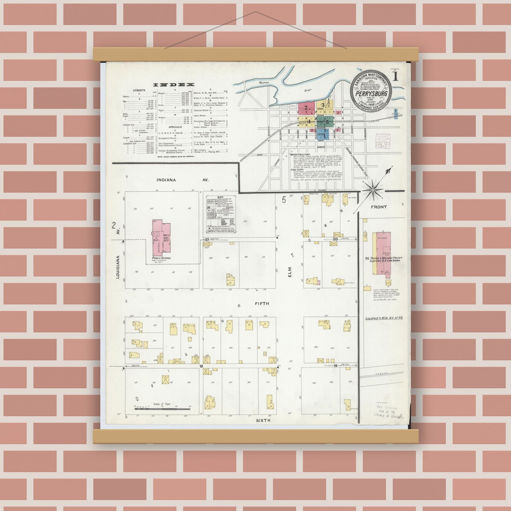 Old map wall art mockup — magnetic wood frame on brick wall — Sanborn Fire Insurance Map from Perrysburg, Wood County, Ohio (1908), Sheet #0001