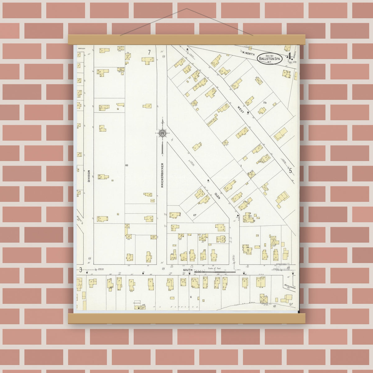 Old map wall art mockup — magnetic wood frame on brick wall — Sanborn Fire Insurance Map from Ballston Spa, Saratoga County, New York (1911), Sheet #0004