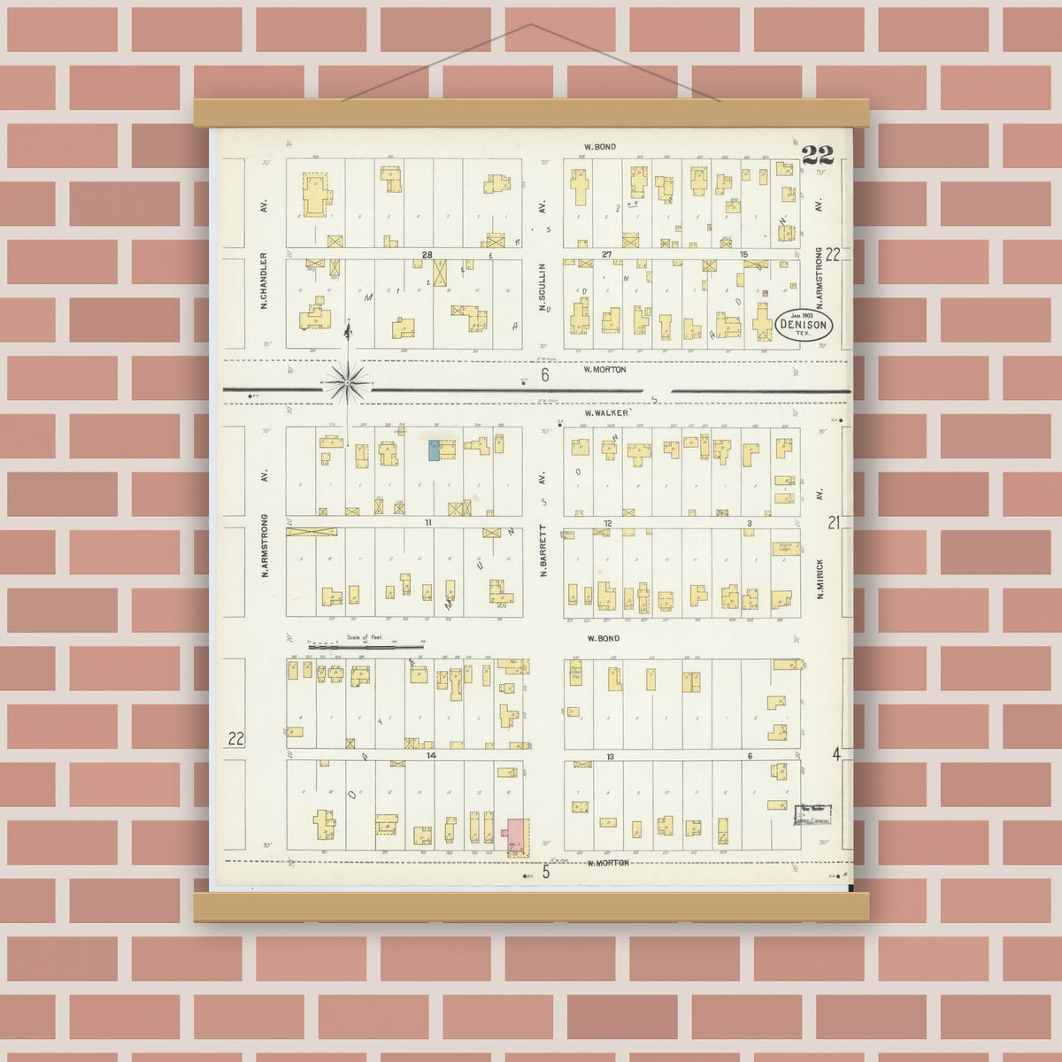 Old map wall art mockup — magnetic wood frame on brick wall — Sanborn Fire Insurance Map from Denison, Grayson County, Texas (1903), Sheet #0022