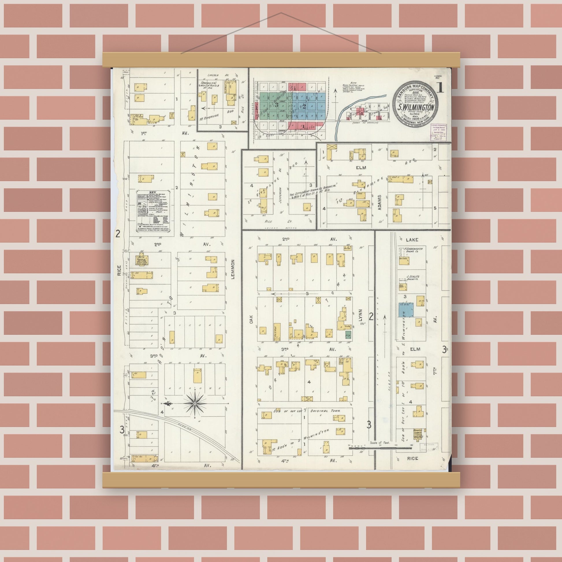 Old map wall art mockup — magnetic wood frame on brick wall — Sanborn Fire Insurance Map from South Wilmington, Grundy County, Illinois (1904) - Complete Map Set