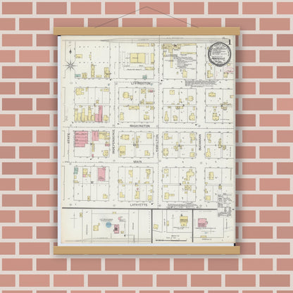 Old map wall art mockup — magnetic wood frame on brick wall — Sanborn Fire Insurance Map from Monticello, Piatt County, Illinois (1893), Sheet #0001