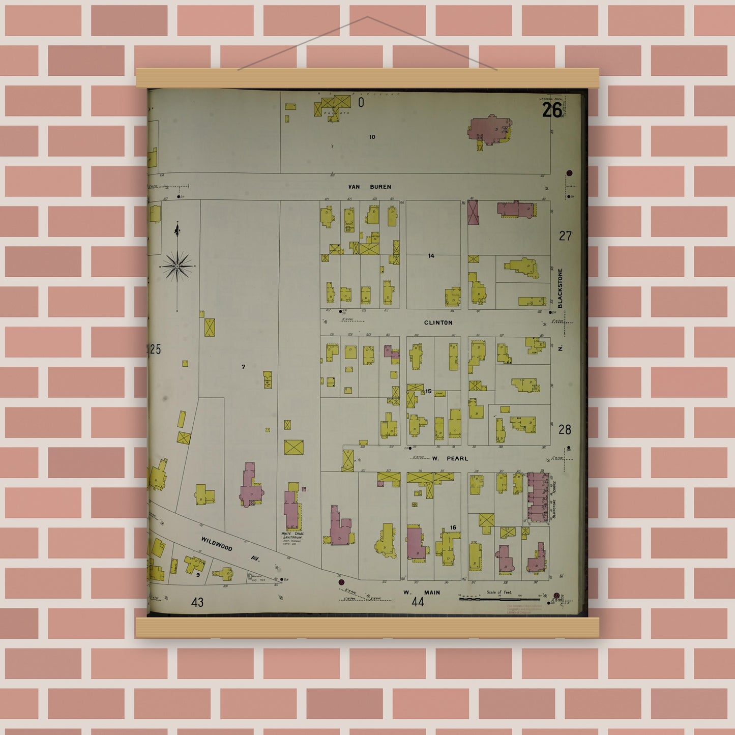 Old map wall art mockup — magnetic wood frame on brick wall — Sanborn Fire Insurance Map from Jackson, Jackson County, Michigan (1907), Sheet #0026
