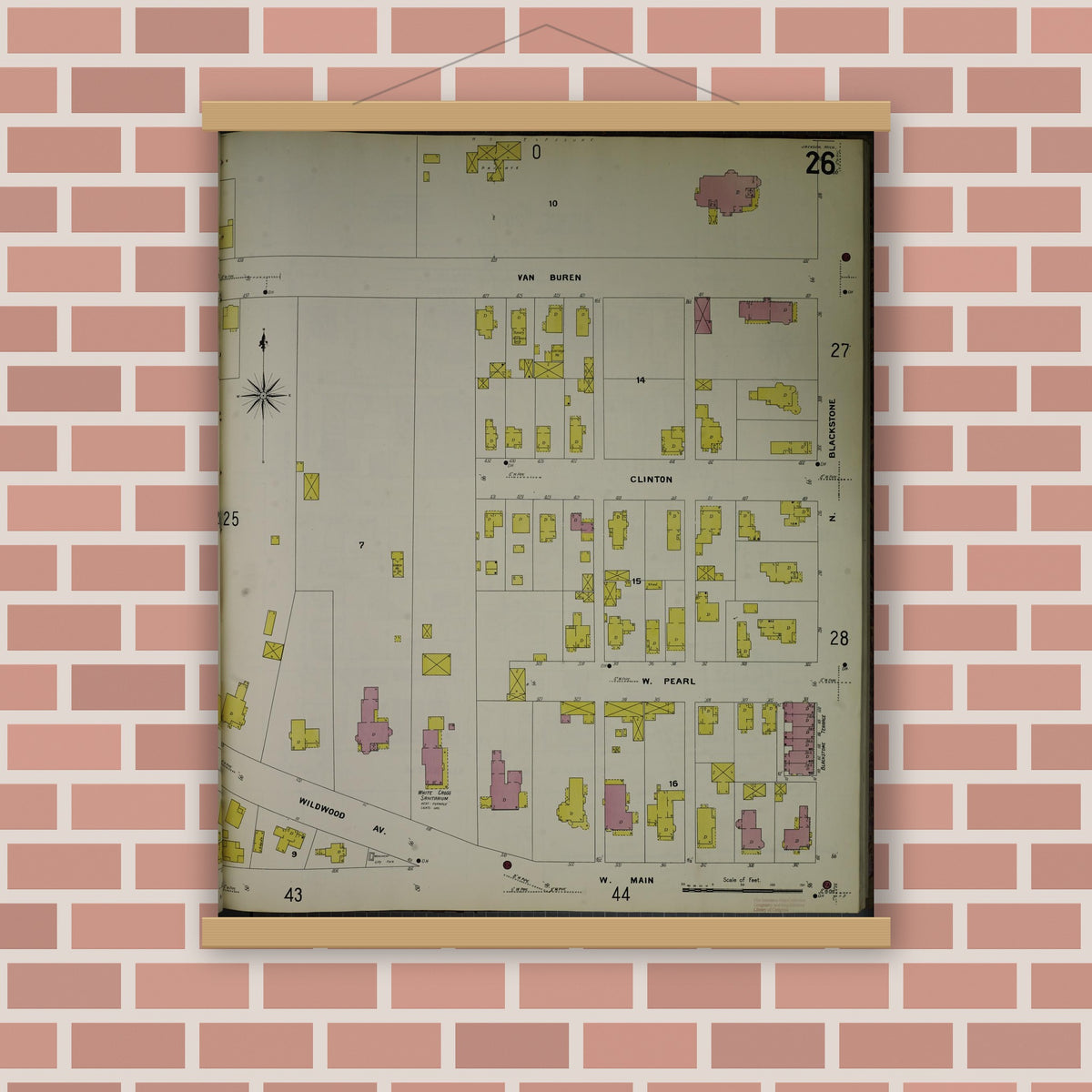 Old map wall art mockup — magnetic wood frame on brick wall — Sanborn Fire Insurance Map from Jackson, Jackson County, Michigan (1907), Sheet #0026
